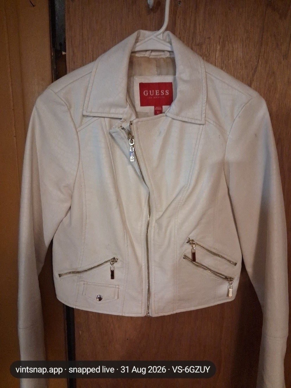 GUESS Cream Leather Moto Jacket with Gold Hardware